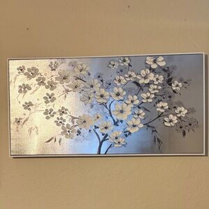 Silver Floral Wall Art Panel with White 3D Blossoms